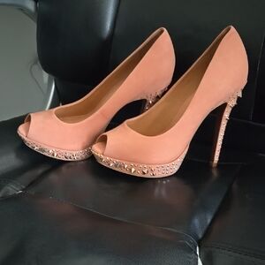 Peach Peep-Toe Heels with Studded Accents
